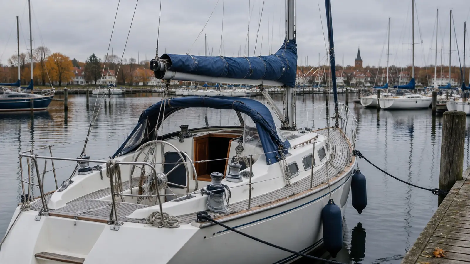 Sejlbåd i en dansk lystbådehavn i efterårslys med kalechen slået tilbage