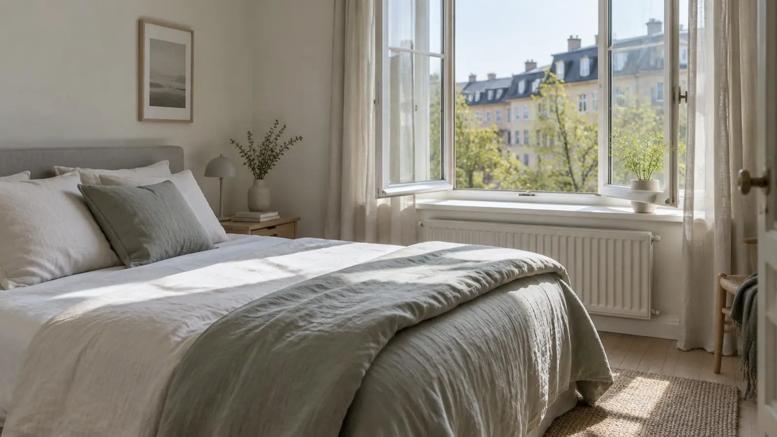 Seng med dynen slået tilbage og et åbent vindue i morgenlys