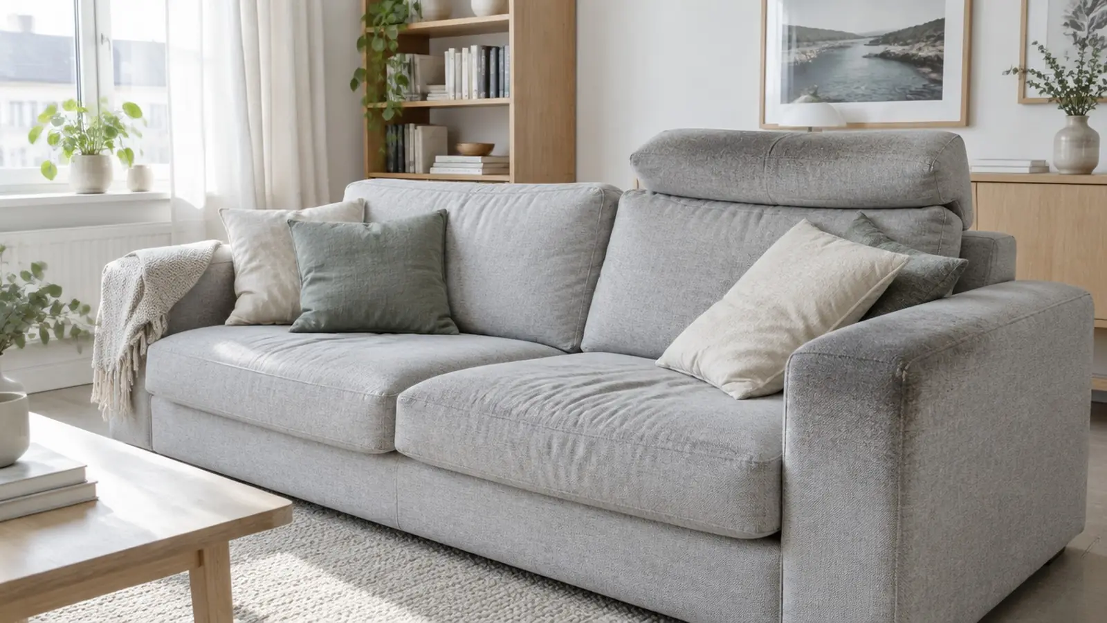 Lysegrå stofsofa i dagslys med synligt mørkere slid på armlæn og nakkestøtte