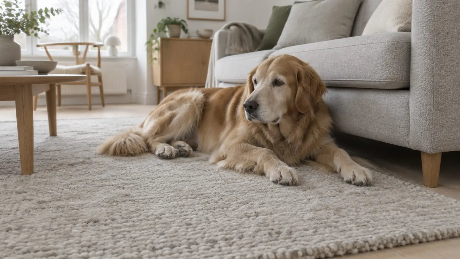 Hund der ligger på et uldtæppe ved siden af en stofsofa i en lys dansk stue