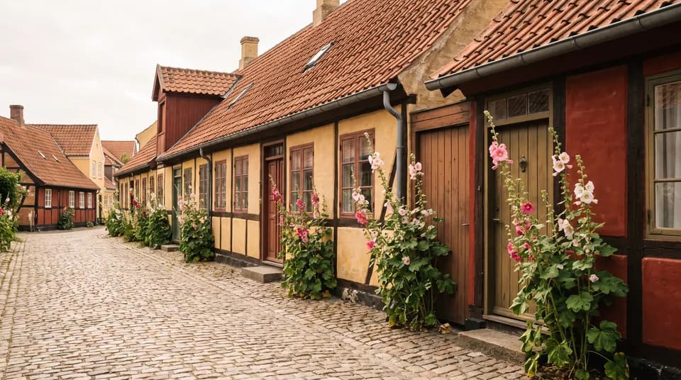 Lave bindingsværkshuse med stokroser langs en brostensgade i Odenses gamle kvarter