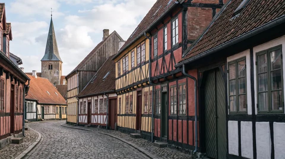 Brostensbelagt gade med farvede bindingsværkshuse i Køges gamle bydel