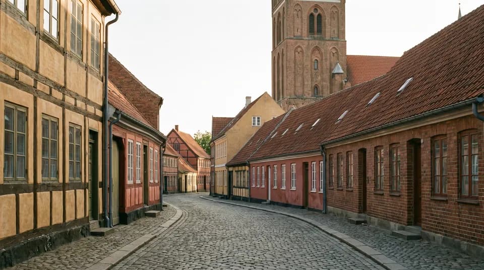 Brostensgade med bindingsværkshuse og et rødt kirketårn i Næstveds gamle bydel