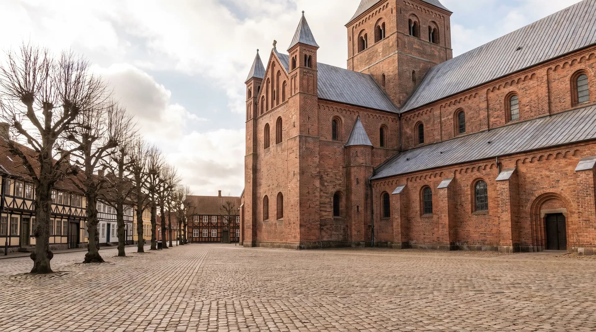 Romansk kirke i røde mursten ved det brostensbelagte torv i Ringsted