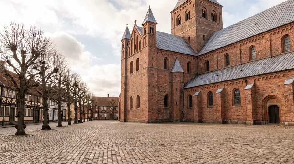Romansk kirke i røde mursten ved det brostensbelagte torv i Ringsted