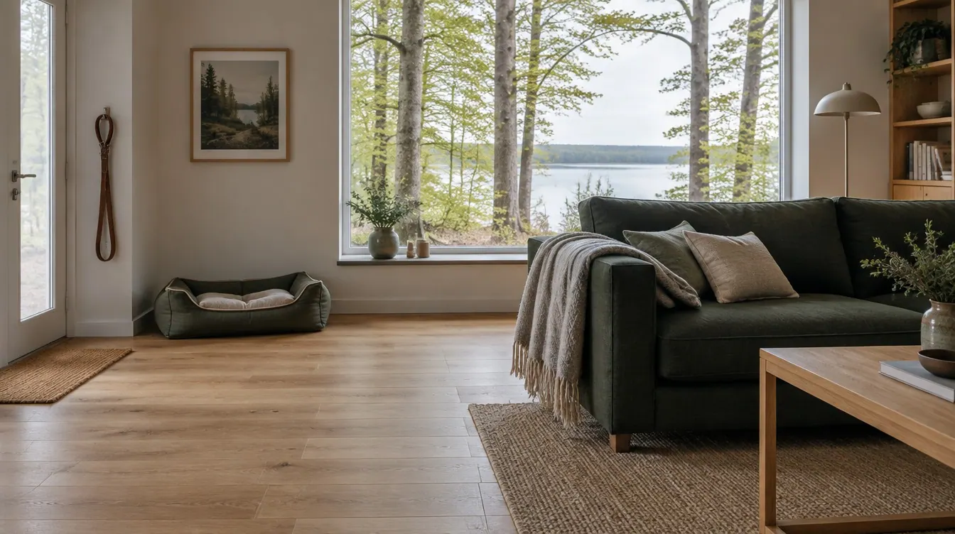 Stue i et parcelhus ved Furesø med en mørkegrøn sofa, en tom hundekurv og udsigt til bøgeskov og sø