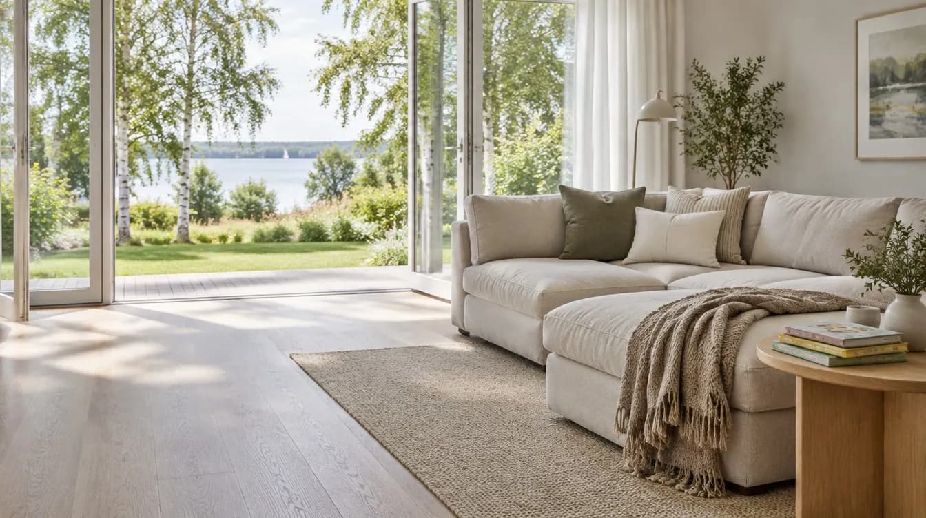 Stue i en villa ved Lyngby med store glasdøre ud til haven og en lys hjørnesofa med plaid