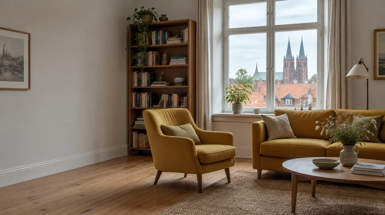 Stue i et byhus i Roskilde med udsigt til domkirkens tårne og en karrygul sofa og lænestol