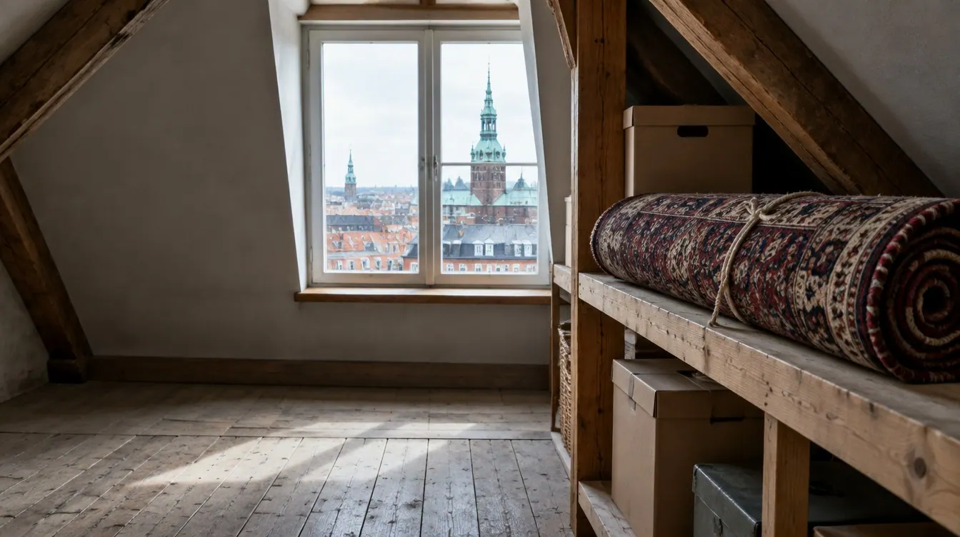 Loftsrum under taget i en københavnsk ejendom med et sammenrullet orientalsk uldtæppe på en hylde