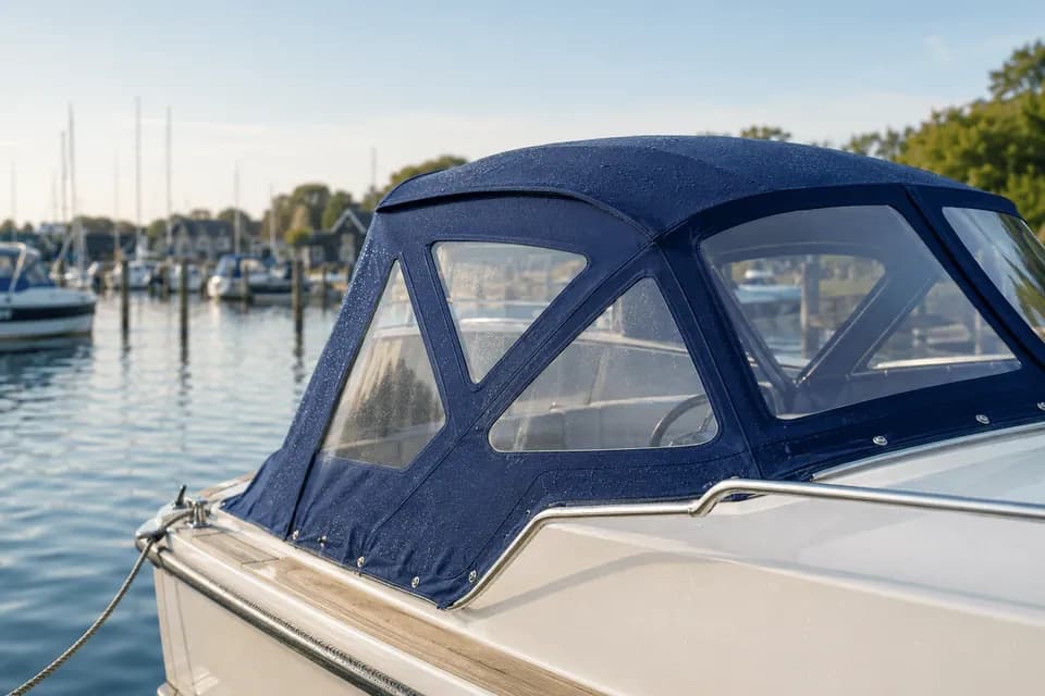 En båd med blå kaleche i havnen