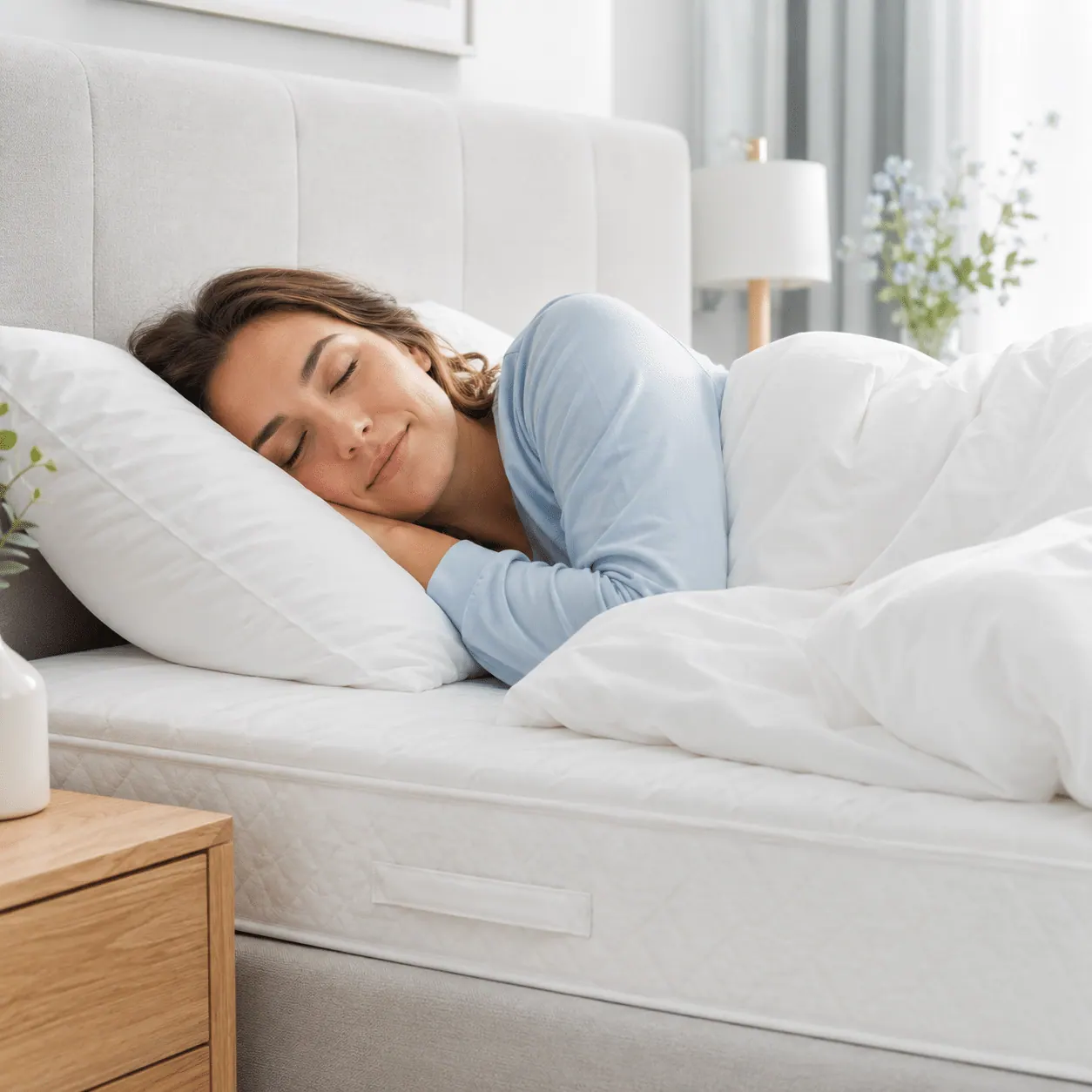 En kvinde sover på siden under en hvid dyne i en seng med lys madras