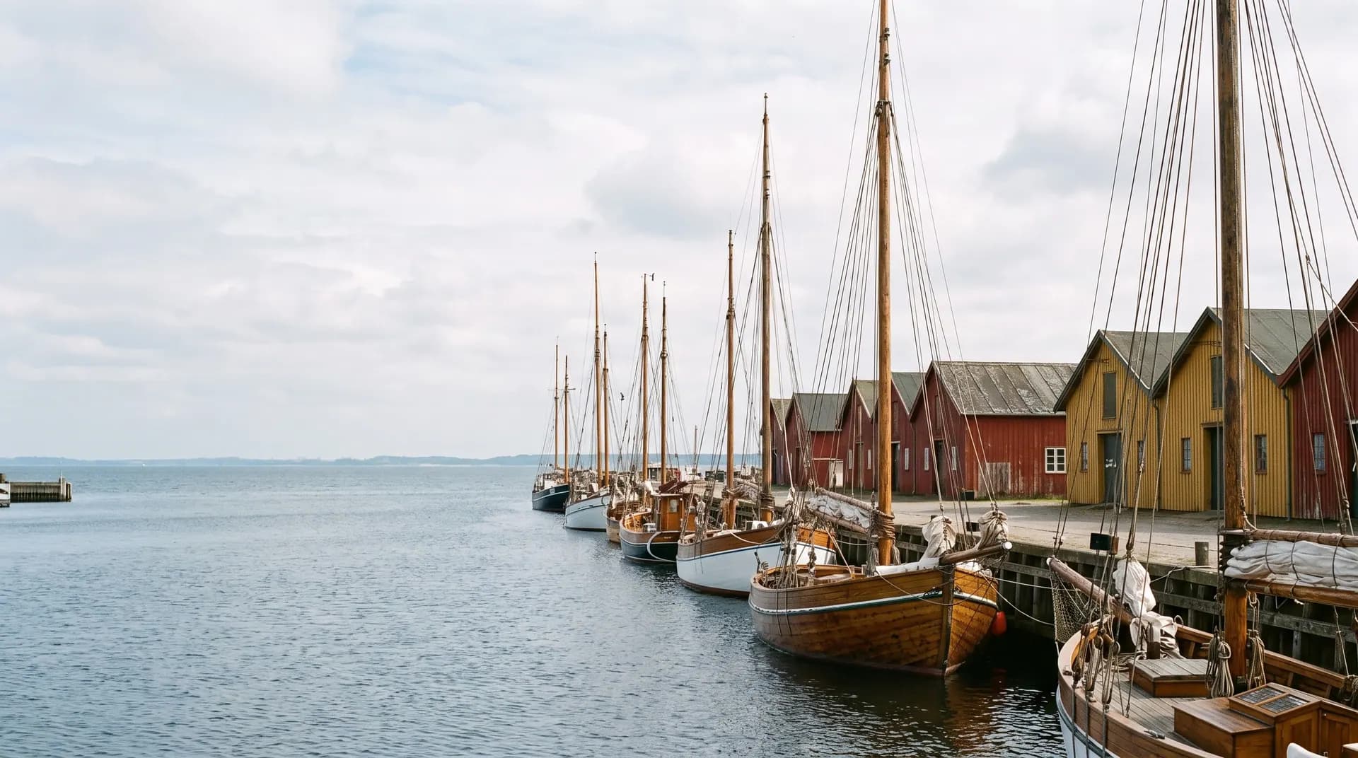 Gamle træskibe ved kajen i Holbæk Havn med røde og gule pakhuse ved fjorden
