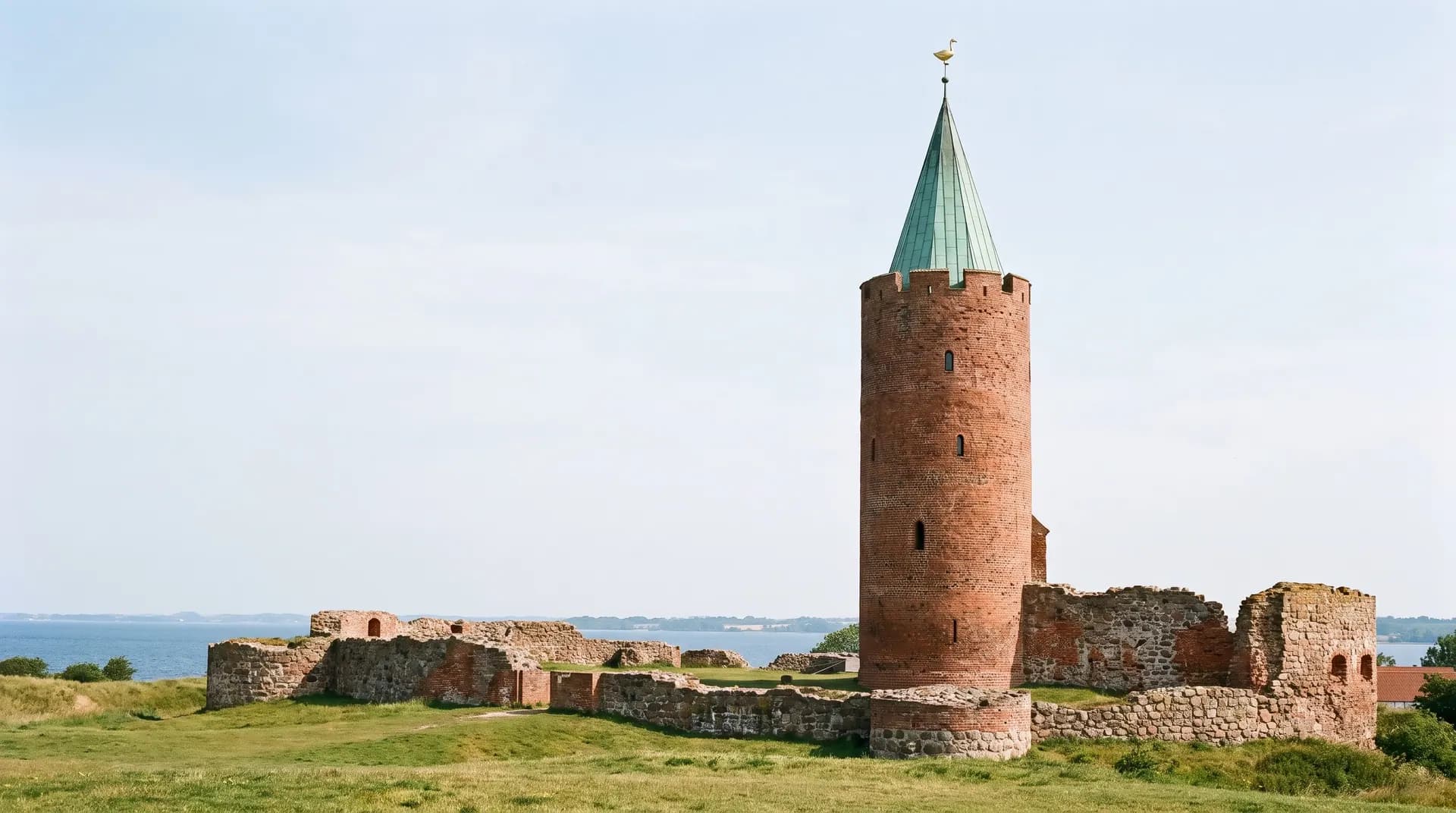 Gåsetårnet i Vordingborg med kobberspir og guldgås ved borgruinen med vandet i baggrunden