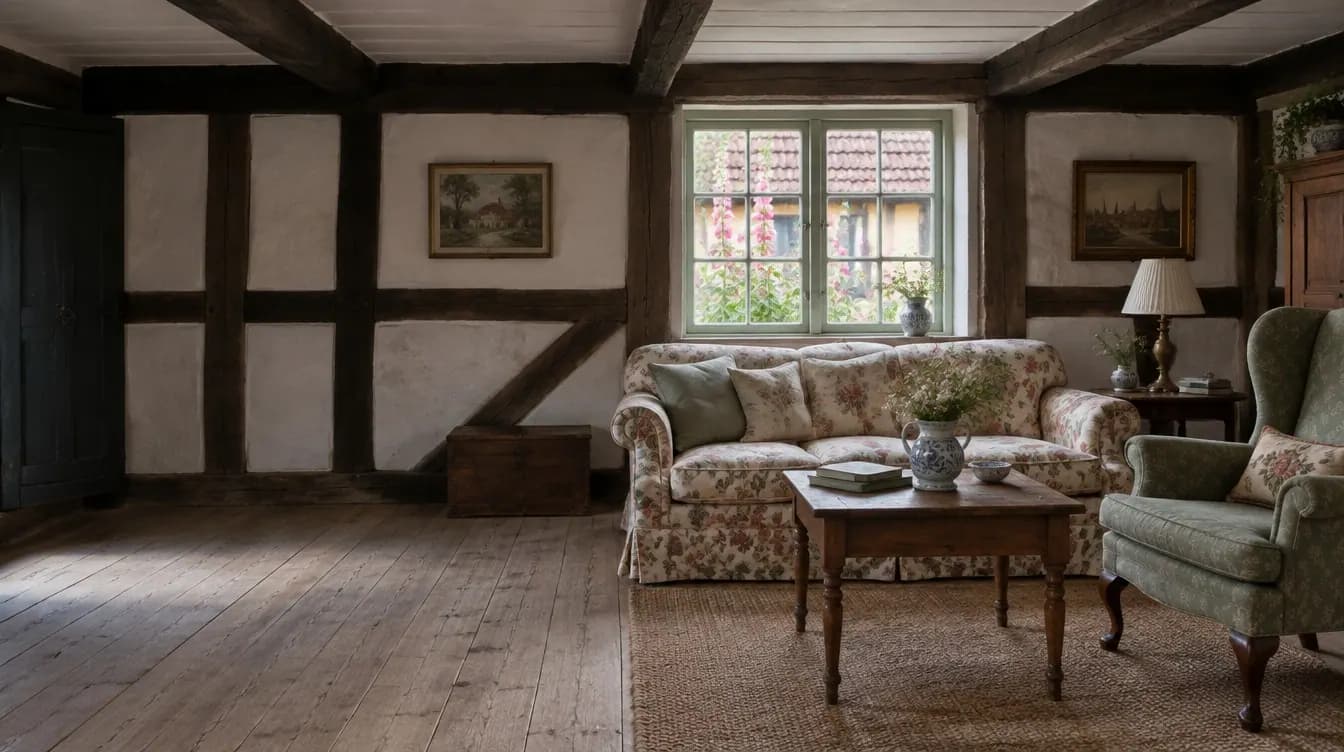 Stue i et bindingsværkshus i Odenses gamle kvarter med stokroser uden for vinduet og en blomstret sofa