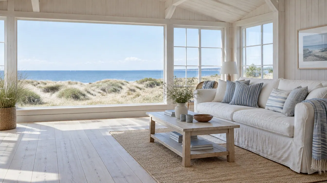 Sommerhusstue på Nordkysten med udsigt til klitter og Øresund og en sofa med hørbetræk