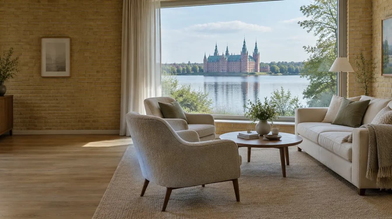 Stue med udsigt over søen til Frederiksborg Slot, en lys sofa og to polstrede lænestole