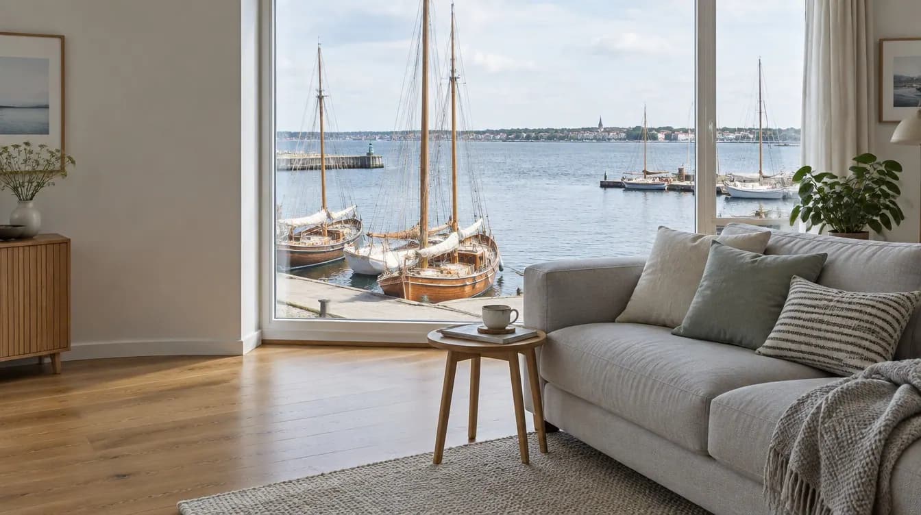 Lejlighed med udsigt over Holbæk Havn og fjorden og en lysegrå sofa ved vinduet