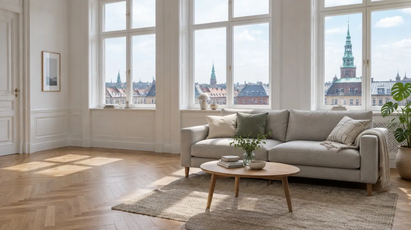 Lys stue i en københavnsk lejlighed med udsigt over tagene og kobberspir og en lysegrå stofsofa på sildebensparket