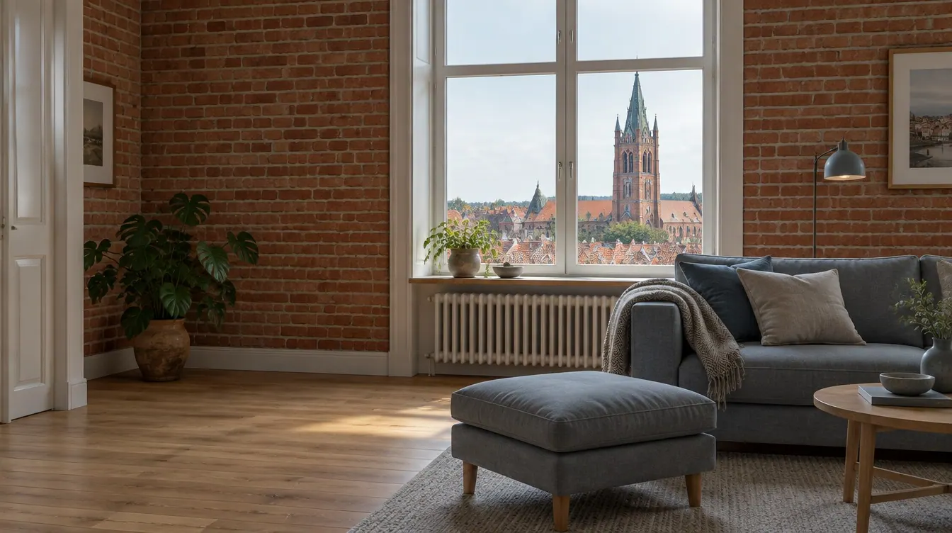 Stue i en rødstensvilla i Næstved med udsigt til den gotiske kirke og en gråblå sofa med skammel