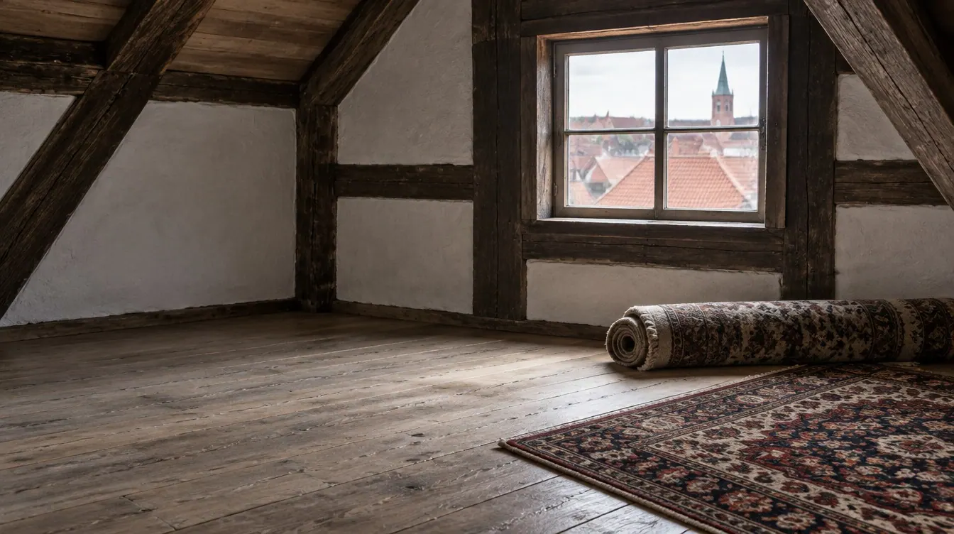 Loft i et bindingsværkshus i Køge med et sammenrullet uldtæppe og hjørnet af et orientalsk tæppe