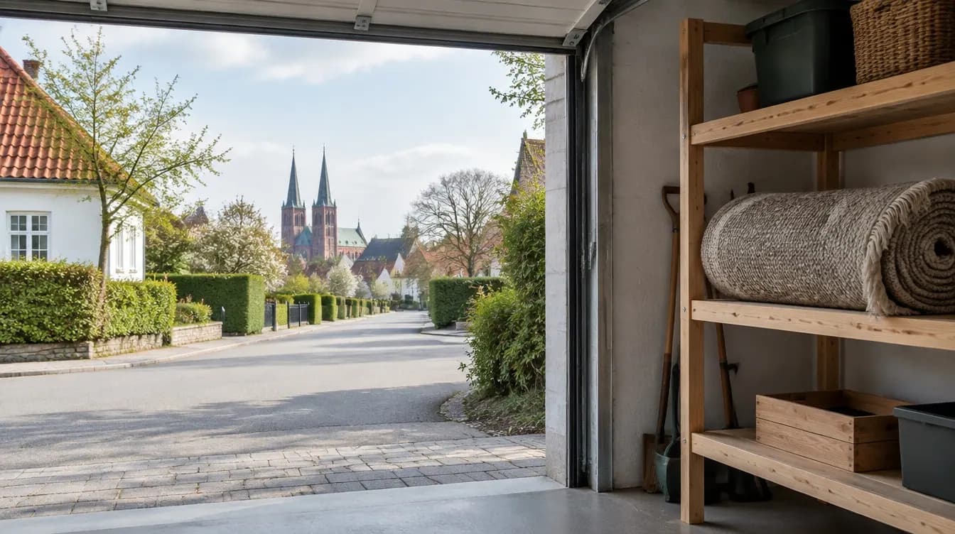 Sammenrullet uldtæppe på en hylde i en garage med udsigt til en villavej og Roskilde Domkirke