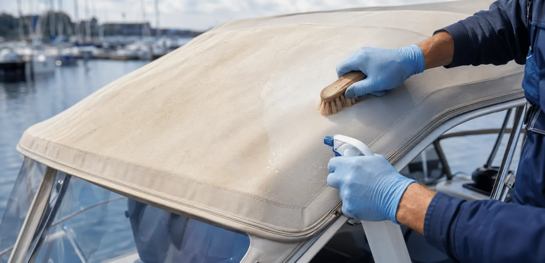 En person med blå handsker skrubber en lys bådkaleche med børste og sprayflaske i en havn