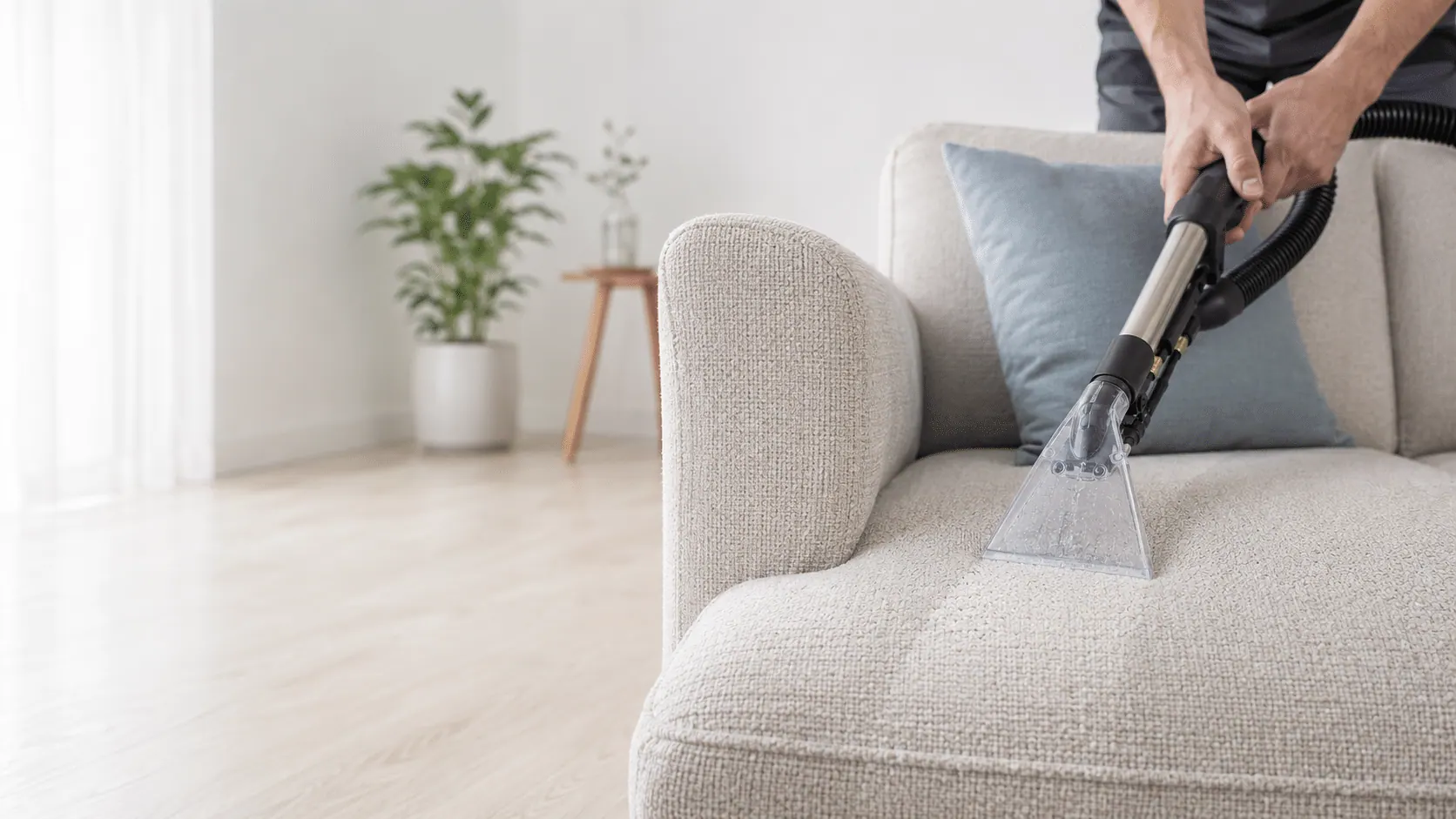 Rensning af en stofsofa med mobilt ekstraktionsudstyr