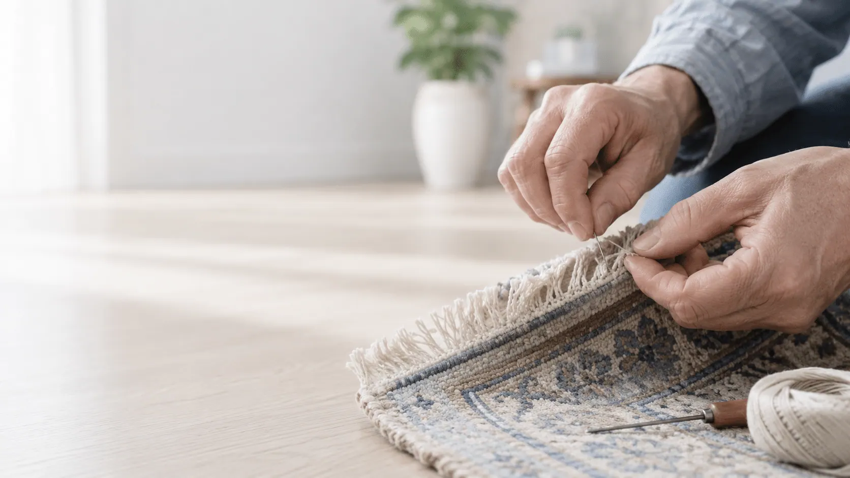 Hænder med nål og tråd arbejder i den frynsede ende af et lyst tæppe med blåt mønster, mens en syl og et nøgle garn ligger ved siden af